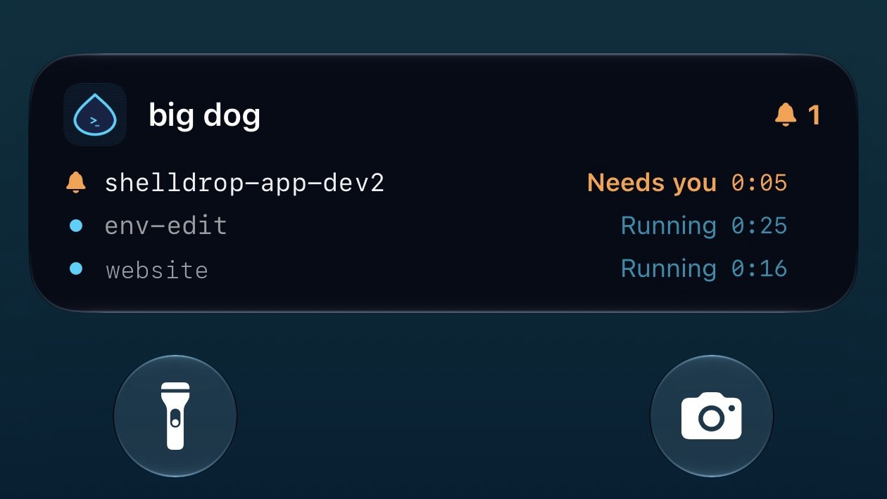 ShellDrop live activity on the iPhone lock screen: a card for one server with three Tmux session rows, one marked Needs you and two Running